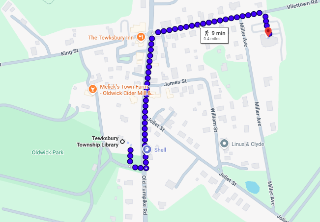 Map showing the walking route from Tewksbury Township Library on Old Turnpike Road to the Christian Education Building at 18 Miller Avenue, a 9-minute walk of about 0.4 miles.