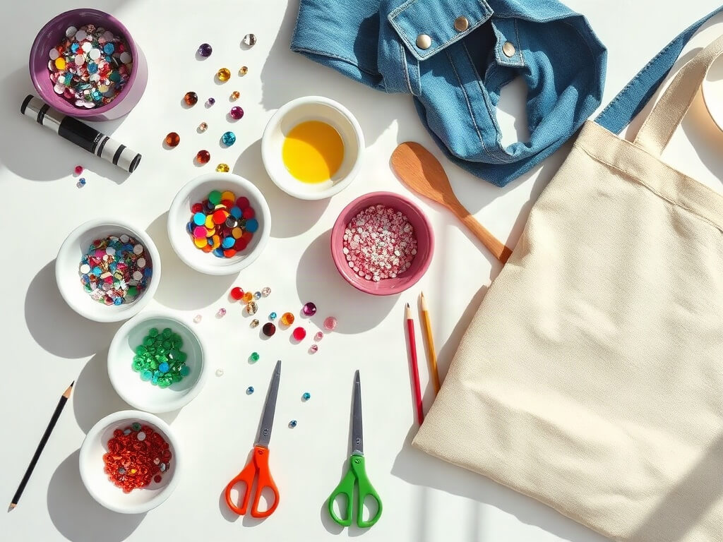 Craft table with rhinestones, sequins, beads, scissors and a canvas tote ready for decorating