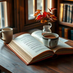 An open book, a mug of tea and autumn leaves on a table in a library reading corner