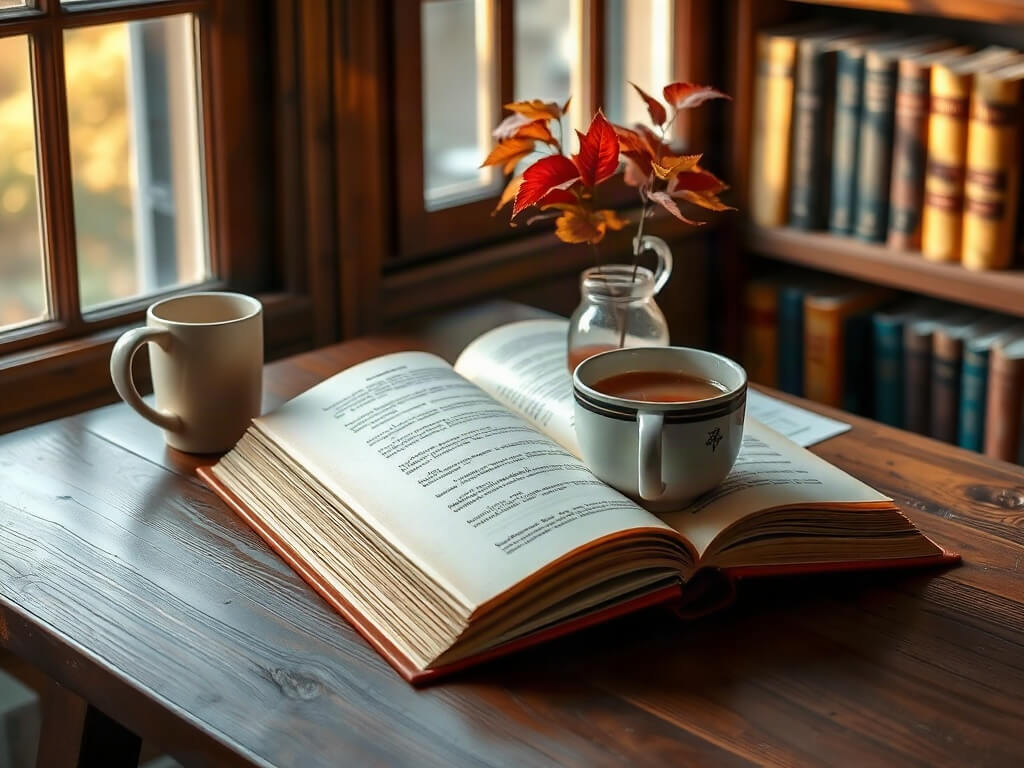 An open book, a mug of tea and autumn leaves on a table in a library reading corner