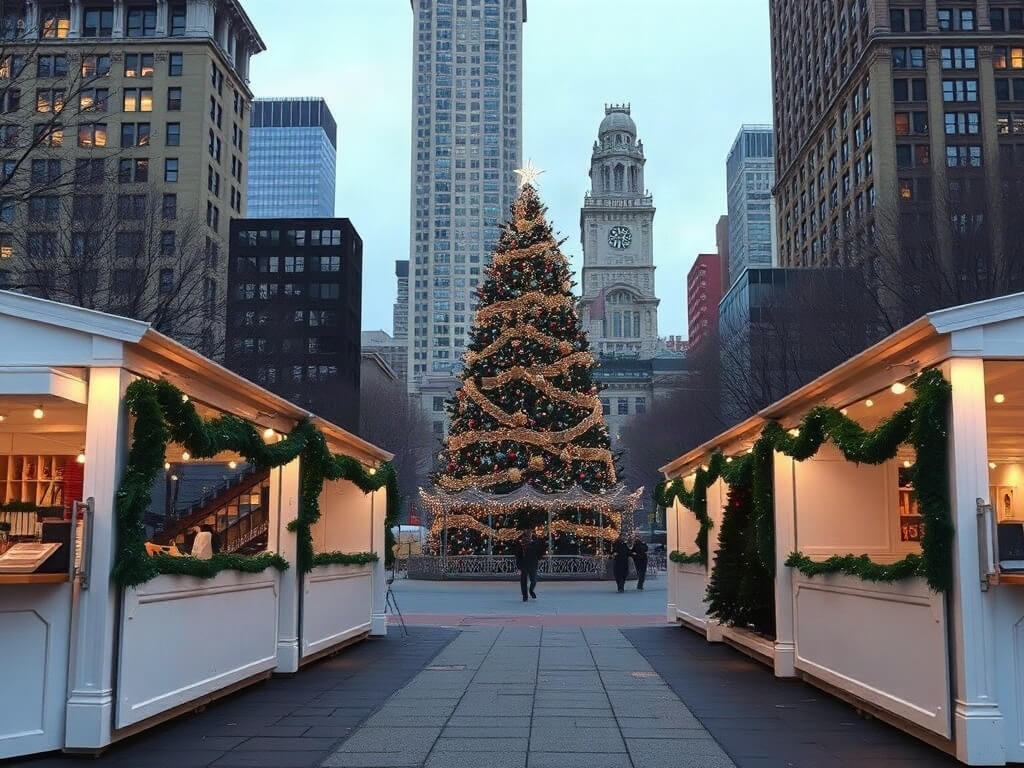 Holiday market stalls and a decorated Christmas tree in a New York City park at dusk