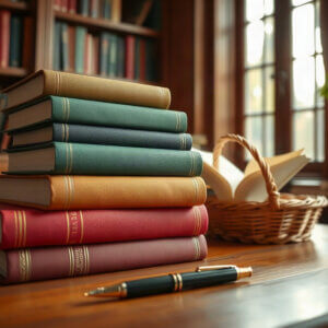 A stack of hardcover books on a library table beside a basket and a pen