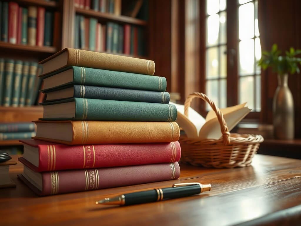 A stack of hardcover books on a library table beside a basket and a pen