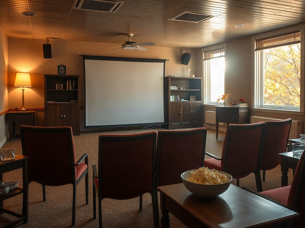 A community room set up for an afternoon film screening, chairs facing a screen and a bowl of popcorn
