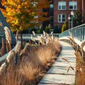 An elevated city garden walkway in late autumn with ornamental grasses and seed heads