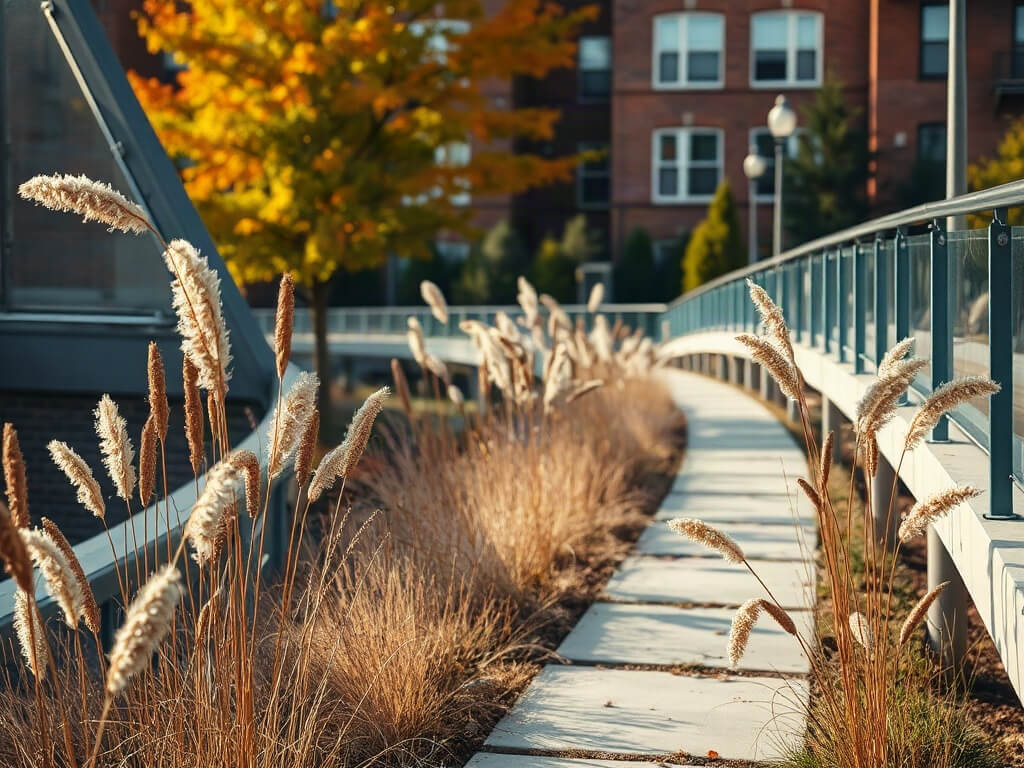 An elevated city garden walkway in late autumn with ornamental grasses and seed heads
