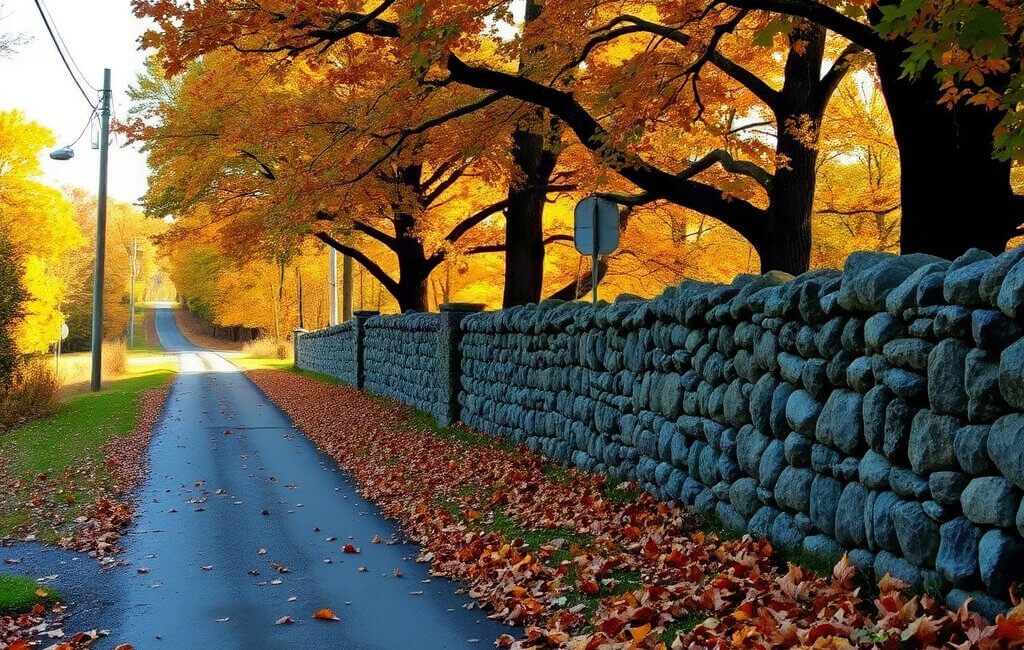 Country lane in rural central New Jersey in late October, autumn leaves and an old stone wall